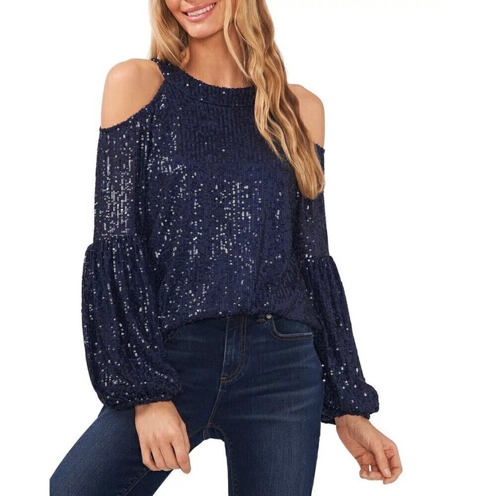 CeCe Navy Blue Sequin Cold Shoulder Halter Blouse XL NWT